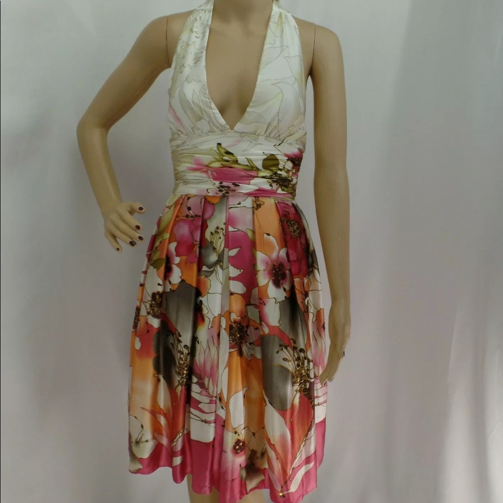 Adrianna Papell Dress Halter Silk Floral Embroidered Sequin Detail Floral 4